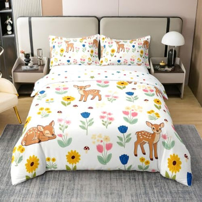 Colorful Botanical Deer Duvet Cover Set Queen with Zipper Closure - Butter Yellow & Saffron Amber Variation - 3 Pieces