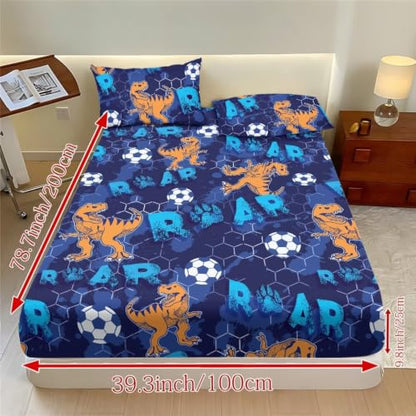 Soccer Dinosaurs Twin XL Bed Sheet Set for Kids Room Decor - 3 Piece Deep Pocket Bedding