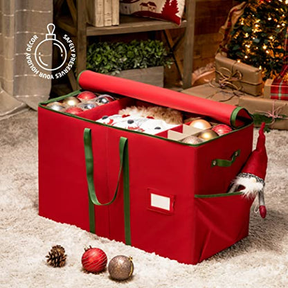 Large Christmas Ornament Storage Box with Dividers - Holds 80 3-Inch Ornaments, Red - Holiday Decor Organizer