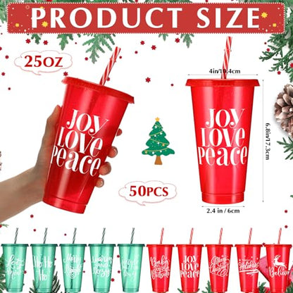 Christmas Plastic Cups with Lids & Straws - 50 Pack, 25 Oz, Reusable, Holiday Party Supplies, 10 Styles