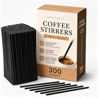 KORCCI Disposable Coffee Stir Sticks 300 Count – Starter Pack, 5 Inch Food-Grade Plastic Drink Stirrers