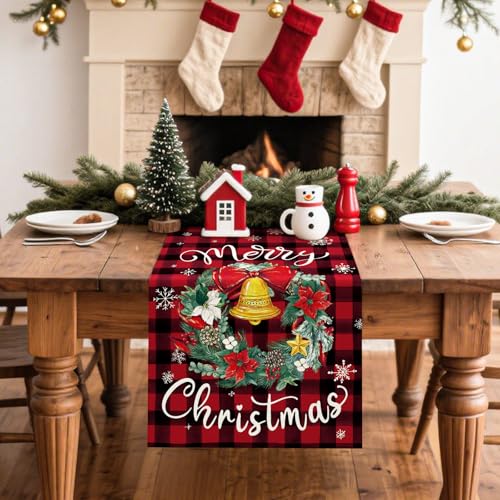 Artscope Buffalo Plaid Red Wreath Table Runner - Christmas Holiday Decor 13x120 Inch