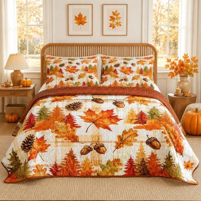 Queen Fall Quilt Set with Pillow Shams - Autumn Leaves Bedding, 3 Pieces