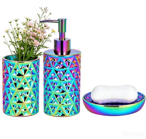 Rainbow Bathroom Accessories Set 3Pcs - Soap Dispenser, Soap Dish, Vase - Gold