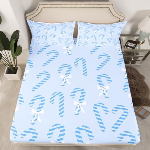 Christmas Bed Sheets Set Full Size - Candy Cane Pattern, Blue & White Variation