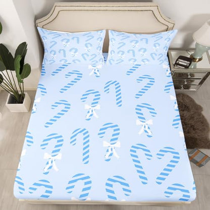 Christmas Bed Sheets Set Full Size - Candy Cane Pattern, Blue & White Variation