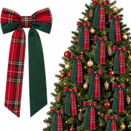 12 Pack Christmas Tartan Plaid Velvet Bows 10x5 Inches Holiday Decor
