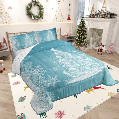 Queen Size Christmas Comforter Set with Glitter Xmas Trees & Stars - Blue Shiny Holiday Bedding with Pillowcases - Variation 07