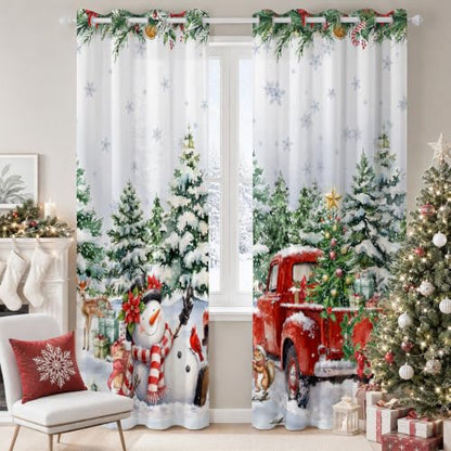 Christmas 01 Snowman Red Truck Holiday Window Curtain Set - 52 x 84 Inches, 2 Panels
