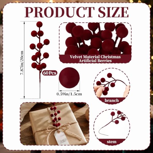 60 Pcs Burgundy Christmas Holly Berry Stems - 8 Inch / Holiday Decor