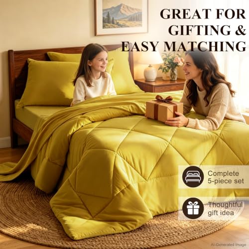 Twin Comforter Set 5-Piece Bed-in-a-Bag All-Season Yellow - Bedding