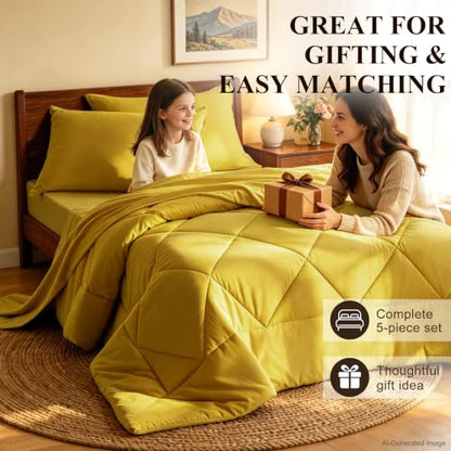 Twin Comforter Set 5-Piece Bed-in-a-Bag All-Season Yellow - Bedding