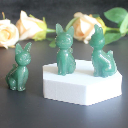 Skiennix Hand-Carved Gemstone Crystal Abyssinian Cat Figurine - Green Aventurine 2" Home Decor
