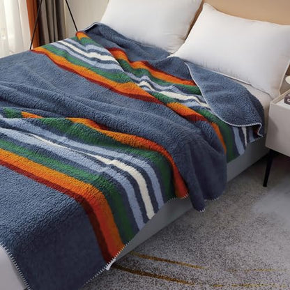 Navy Blue Boho Sherpa Fleece Blanket 80x90 Inch - Ultra Soft Aztec Throw for Bed Couch Camping