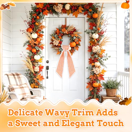 Orange and White Plaid Wreath Sash with Trim - Front Door Decor (Variation: Orange & White)