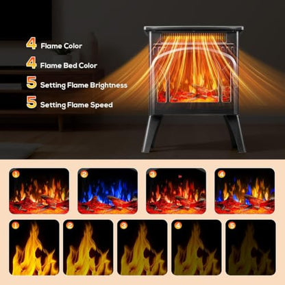 Dark Black 1500W Infrared Electric Fireplace Stove with 3D Flame & Remote
