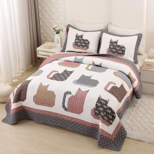 Cotton Quilt Set Full Queen Size with Cat Patchwork Design - Breathable & Reversible