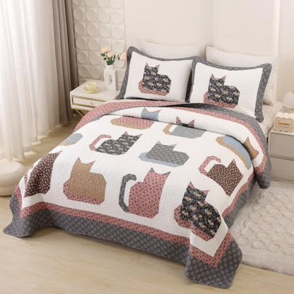 Cotton Quilt Set Full Queen Size with Cat Patchwork Design - Breathable & Reversible