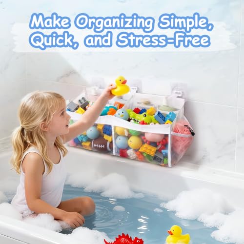 Large Bath Toy Organizer with Mesh Pockets for Kids' Bathroom Storage