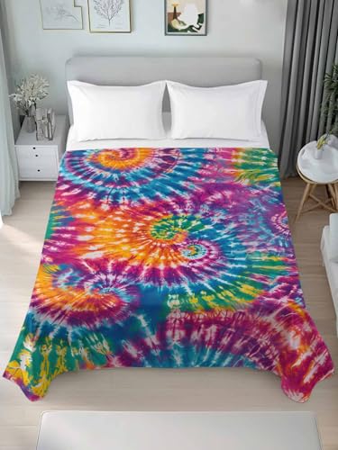 Colorful Tie-Dye Flat Sheet Full Size Ethnic Style Microfiber Bedding - Emerald Green, Light Purple & Orange