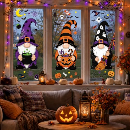 Giant Halloween Gnome Window Clings Set - Double Sided Decor for Glass