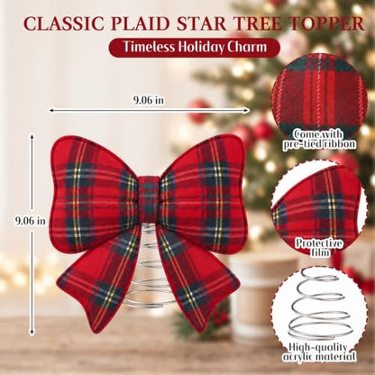 Plaid Bow Christmas Tree Topper Felt Holiday Decor - 9.06 Inches - Red Buffalo Plaid - Stable Spiral Base - Farmhouse Style