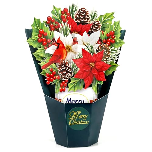 Christmas Poinsettia Pop-Up Card - 8.5x7 Inch Holiday Greeting with Bouquet of Poinsettia & Pine Cones - Variation of Pointsettia Bouquet-6x8in