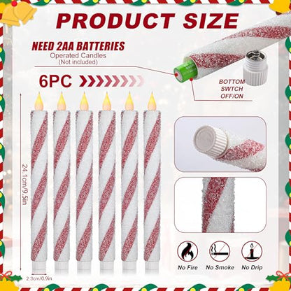 Christmas Flickering Flameless Candy Cane Taper Candles - 6PCS Red & White Stripes, Real Wax, Battery Operated - Variation: Candy Cane-02