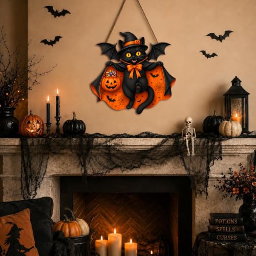 Halloween Black Cat Door Sign with Bat Pumpkin Wreath Wood Decor