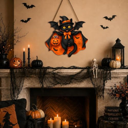 Halloween Black Cat Door Sign with Bat Pumpkin Wreath Wood Decor