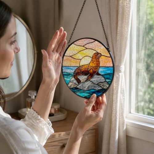 Sea Lion Stained Glass Window Hanging - Coastal Beach Suncatcher, Variation of THIS listing