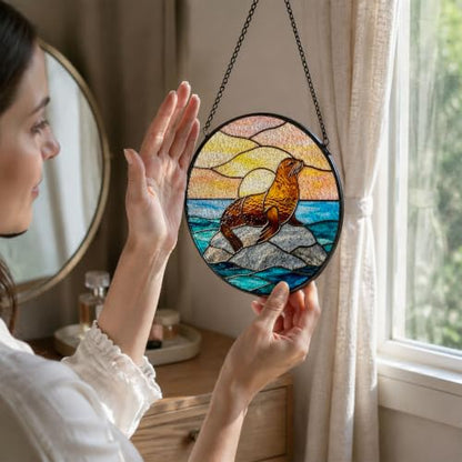 Sea Lion Stained Glass Window Hanging - Coastal Beach Suncatcher, Variation of THIS listing