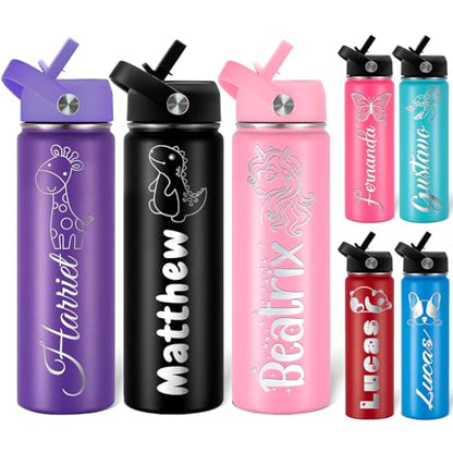 HOFMOY Custom Personalized Animals Water Bottles Cups for Kids Toddler Customizable Customized Name Water Bottles for School Customize for Girls Boys 12 16 18 oz