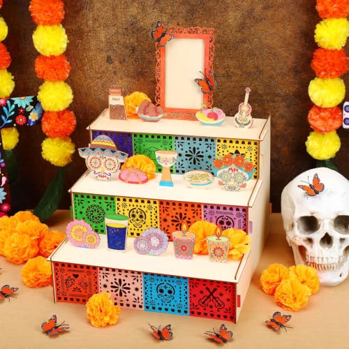 Dia de Muertos Wooden Altar Kit with Marigold Flowers and Butterflies - 3 Tiers