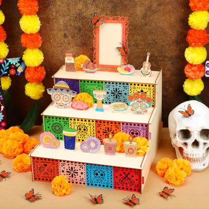 Dia de Muertos Wooden Altar Kit with Marigold Flowers and Butterflies - 3 Tiers
