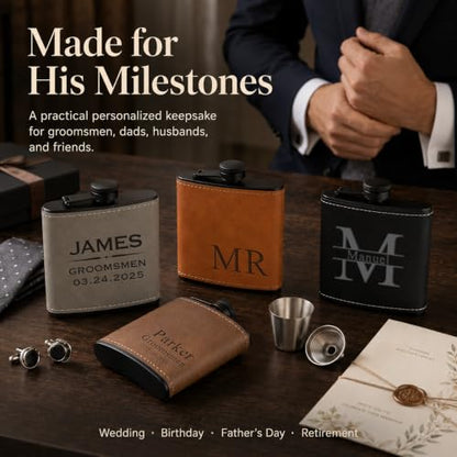 Personalized Leather Hip Flask 6 oz Engraved Groomsmen Gift - Coffee Variant