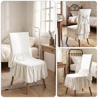 White Ruffled Chair Cover Set with Seat Cushion | Linen Dining Chair Slipcover