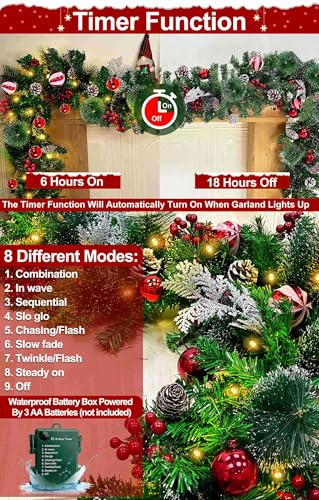 9Ft Prelit Christmas Garland with 50 Warm White Lights & Holiday Ornaments - Indoor Outdoor Decor