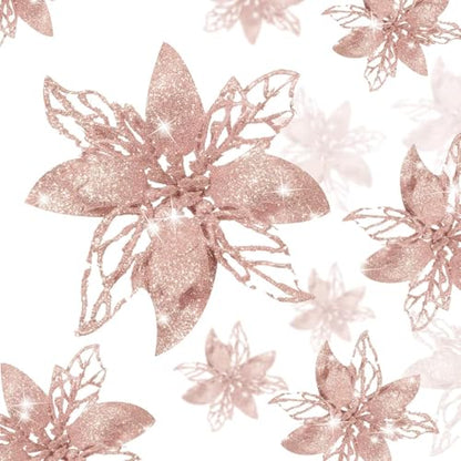 Rose Gold Christmas Artificial Poinsettia Flowers - 24 Pack, Holiday Decor