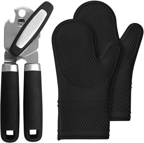 Gorilla Grip Manual Can Opener - Built-In Bottle Opener & 14.5-Inch Silicone Oven Mitts | Black Bundle