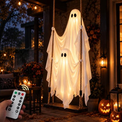 Outdoor Hanging Ghost Decorations, 5 FT Large Swinging Ghost Set for Halloween Yard