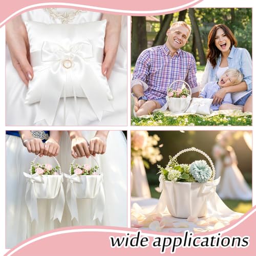 Wedding Flower Girl Baskets & Ring Bearer Pillows Set - Satin & Pearl Handle