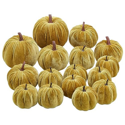 Artificial Velvet Pumpkins Set - Yellow Olive, 16 Pieces Fall Decor