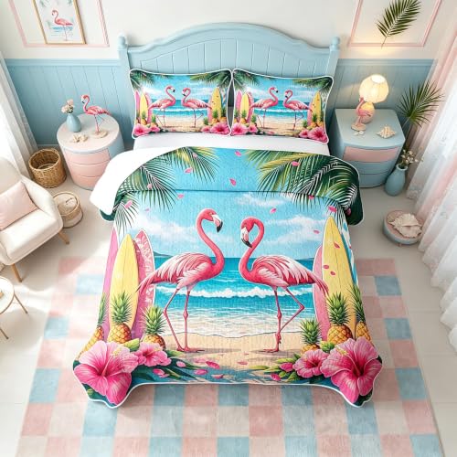 Pink Flamingo Queen Quilt Bedding Set with Pillow Shams - Tropical Beach Decor