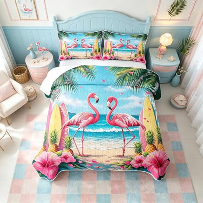 Pink Flamingo Queen Quilt Bedding Set with Pillow Shams - Tropical Beach Decor