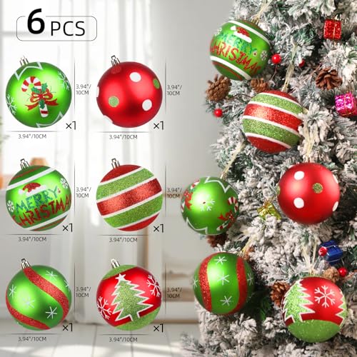 Lanpn 6 Pack 4-Inch Large Outdoor Christmas Ornaments - Red & Green Glitter String Ball Decorations for Yard & Holiday Party - Style B
