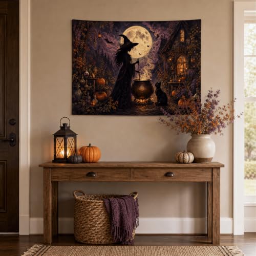 Halloween Witch Cauldron Wall Tapestry - 40x30 Inches Gothic Moonlit Decor