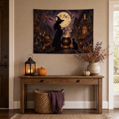 Halloween Witch Cauldron Wall Tapestry - 40x30 Inches Gothic Moonlit Decor