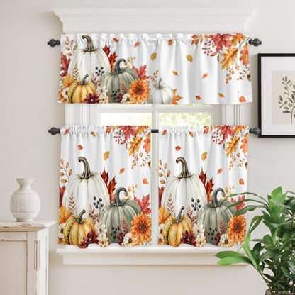 White Green Pumpkins Fall Kitchen Curtain Set Small Half Curtains 24 Inch Length - Pack of 3 White / 54" W x 24" L