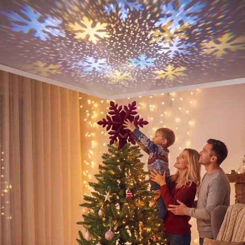 Burken Red Velvet Christmas Tree Topper with LED Snowflake Projector - Elegant Holiday Decor